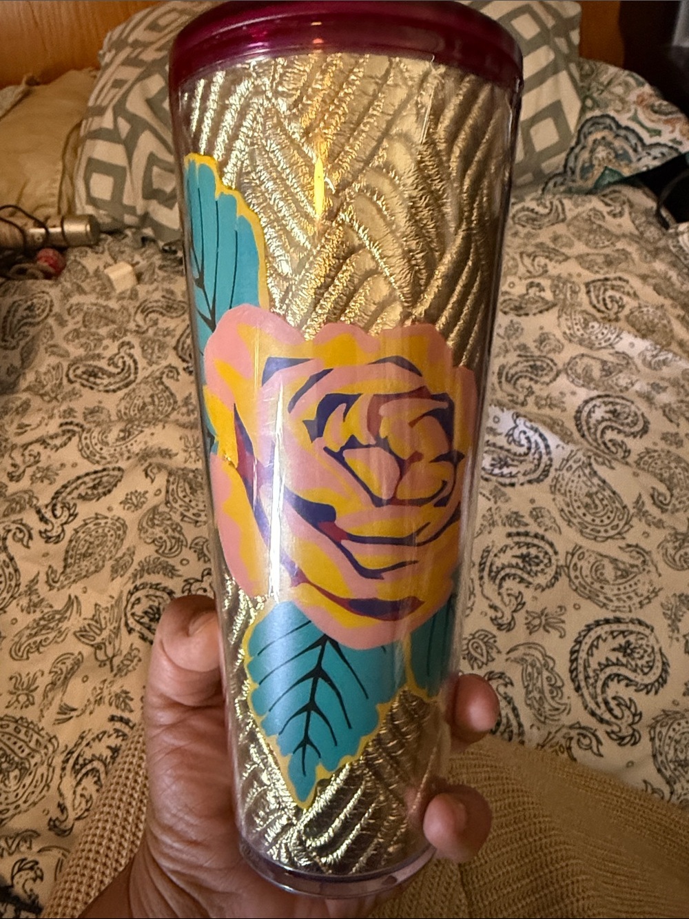 Starbucks Gold Tumbler with Pink Lid and Teal Leaves